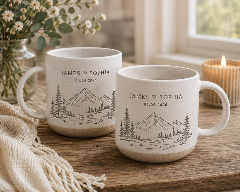 Personalized Engraved Couple Pottery Mug, Bride & Groom Mountain Mug, Custom Name Couple Wedding Cup, Engagement Gifts, Newlywed Gift
