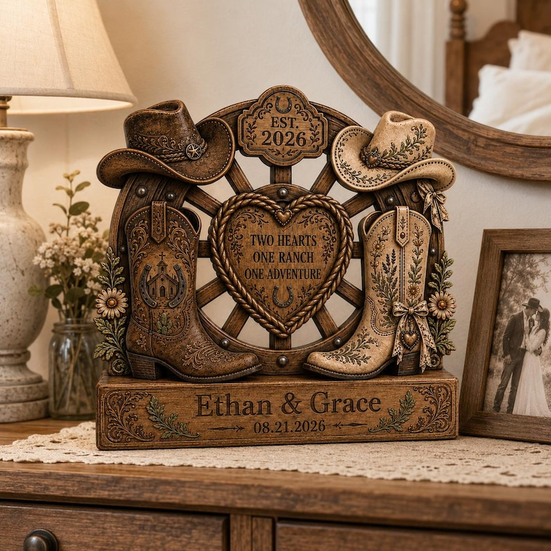 Personalized Western Wedding Gift, Cowboy Boots Couple Plaque, Rustic Ranch Wedding Decor, Anniversary Gift for Couple, Custom Names Date