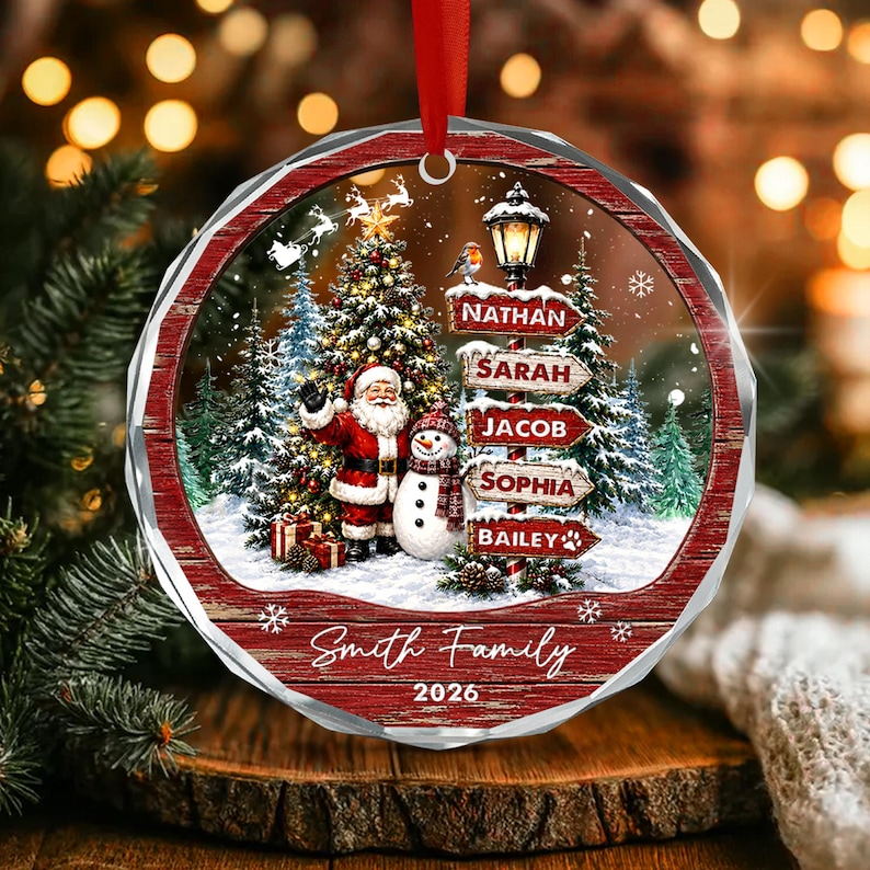 Personalized Family Christmas Ornament, Custom Names Family Name & Year Santa Snowman Keepsake, Christmas Tree Gift for Family & Pets