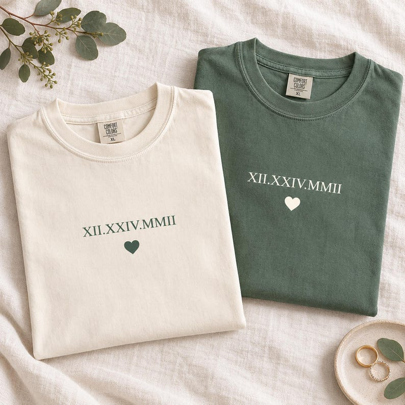 Custom Roman Numeral Date Shirt, Personalized Anniversary Tee, Minimalist Wedding Date T-Shirt, Couples Gift with Heart