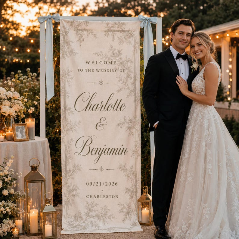 French Toile Wedding Welcome Sign, Personalized Linen Wedding Tapestry, Vintage Garden Wedding Banner, Custom Couple Names Decor