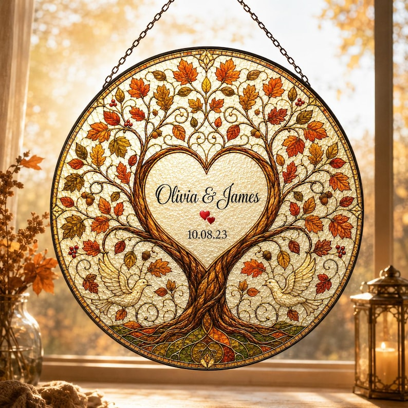 Personalized Wedding Anniversary Gift for Couple, Four Seasons Tree of Life Stained Glass Suncatcher, Custom Couple Window Hanging Keepsake