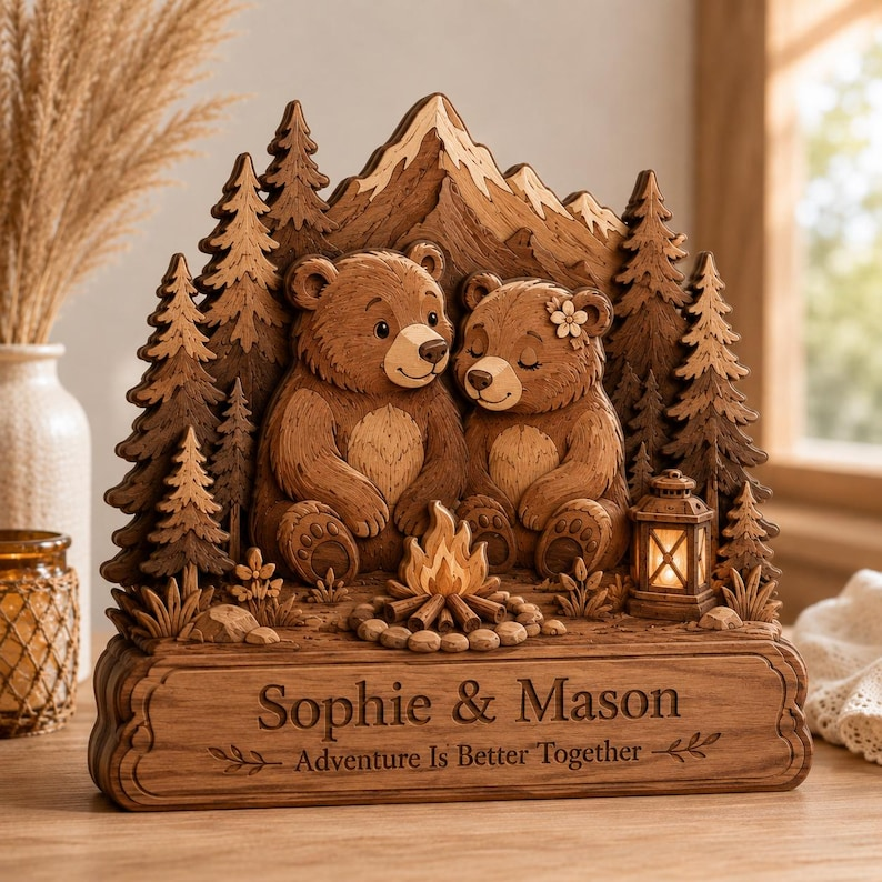 Personalized Bear Couple Wooden Plaque, Custom Names Anniversary Gift, Rustic Cabin Decor, Camping Couple Gift