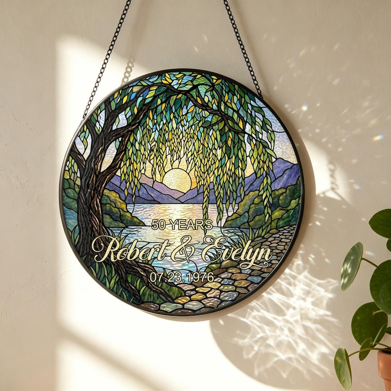 Personalized Stained Glass Suncatcher for 50th Anniversary, Custom Couple Names & Date Gift, Willow Tree Wedding Anniversary Keepsake