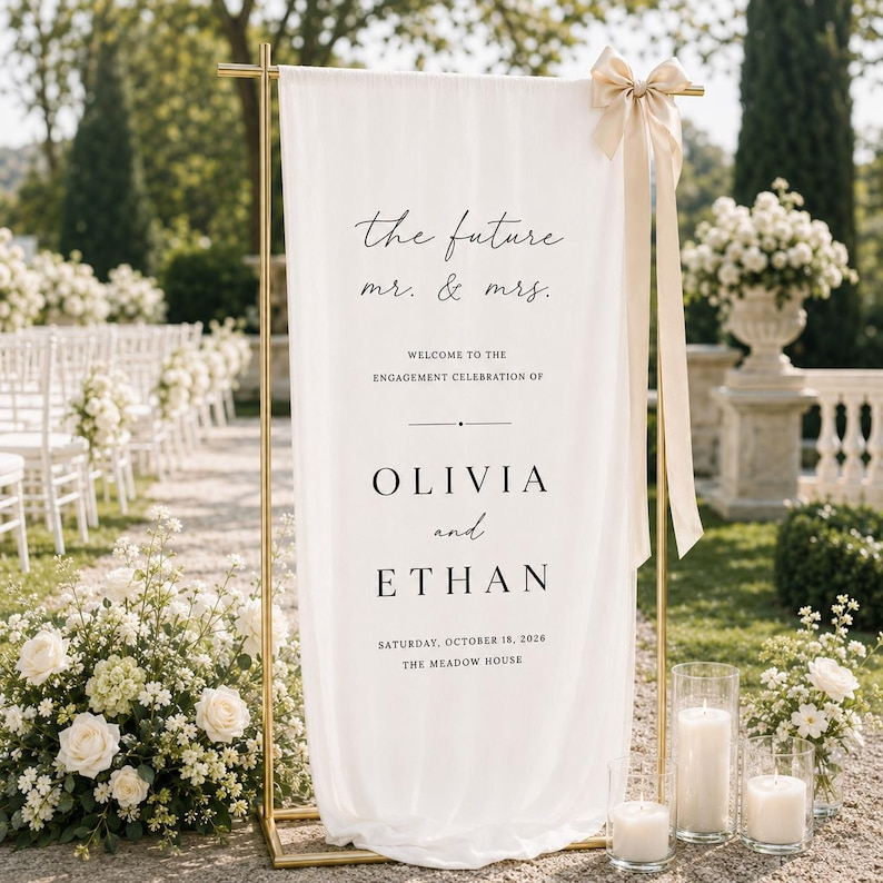 Personalized Linen Engagement Welcome Sign, Future Mr & Mrs Engagement Party Decor,  Custom Couple Names Date & Venue Banner