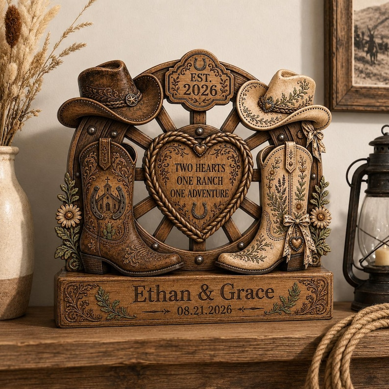Personalized Western Wedding Gift, Cowboy Boots Couple Plaque, Rustic Ranch Wedding Decor, Anniversary Gift for Couple, Custom Names Date