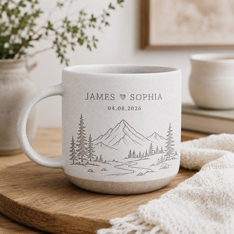 Personalized Engraved Couple Pottery Mug, Bride & Groom Mountain Mug, Custom Name Couple Wedding Cup, Engagement Gifts, Newlywed Gift