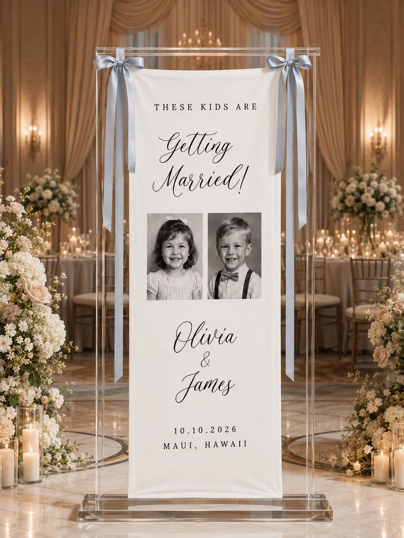Personalized Wedding Welcome Banner for Ceremony, Custom Childhood Photo Wedding Sign, Couple Names Date & Location Decor