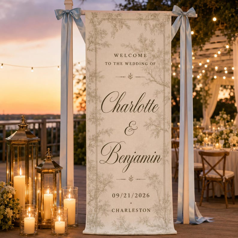 French Toile Wedding Welcome Sign, Personalized Linen Wedding Tapestry, Vintage Garden Wedding Banner, Custom Couple Names Decor