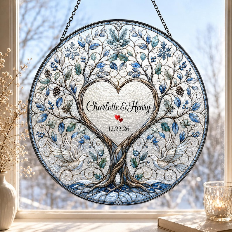 Personalized Wedding Anniversary Gift for Couple, Four Seasons Tree of Life Stained Glass Suncatcher, Custom Couple Window Hanging Keepsake