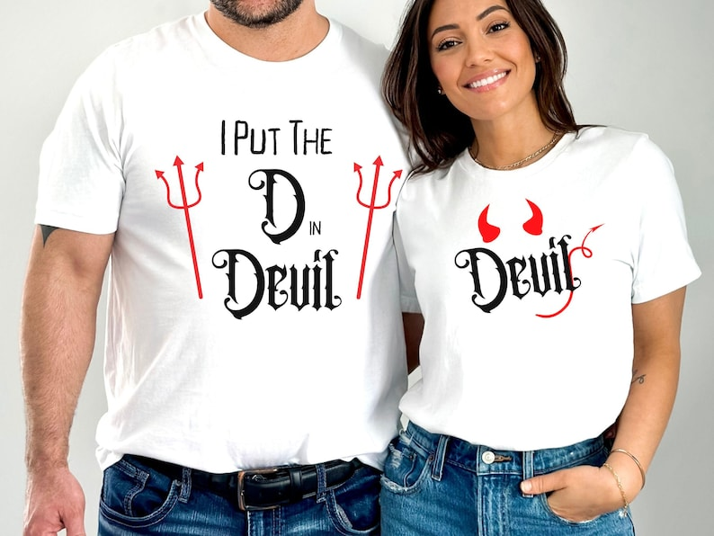 Funny Devil Couple Shirts for Halloween, Matching His and Hers Devil Tees, Spooky Couple Costume Shirtb