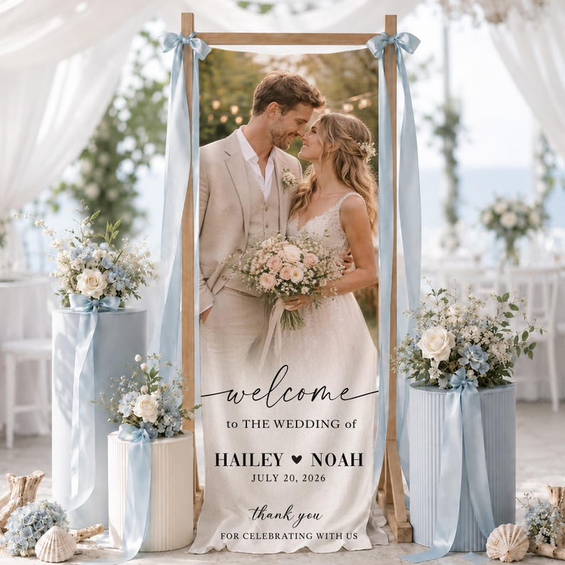 Personalized Linen Wedding Welcome Sign with Photo, Custom Couple Names & Date Wedding Banner, Ceremony Entrance Decor