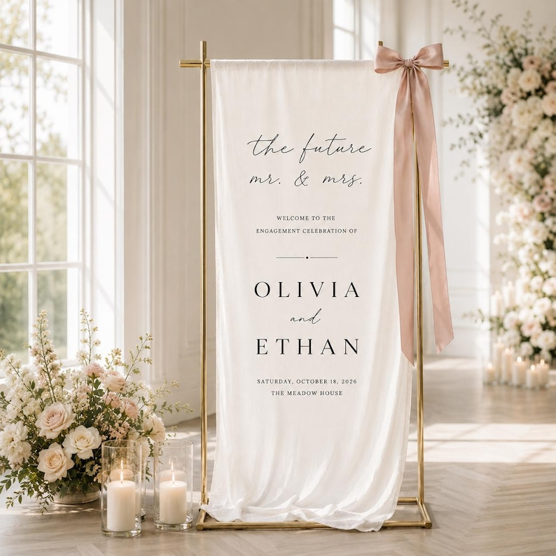 Personalized Linen Engagement Welcome Sign, Future Mr & Mrs Engagement Party Decor,  Custom Couple Names Date & Venue Banner