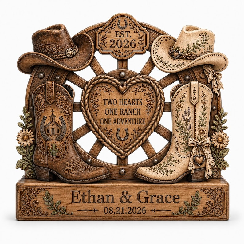 Personalized Western Wedding Gift, Cowboy Boots Couple Plaque, Rustic Ranch Wedding Decor, Anniversary Gift for Couple, Custom Names Date