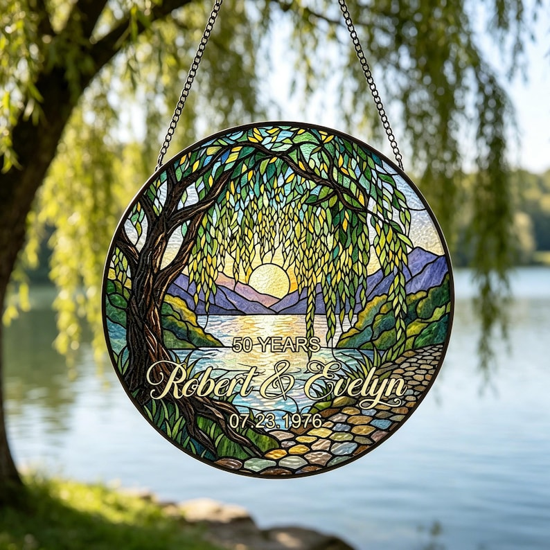 Personalized Stained Glass Suncatcher for 50th Anniversary, Custom Couple Names & Date Gift, Willow Tree Wedding Anniversary Keepsake