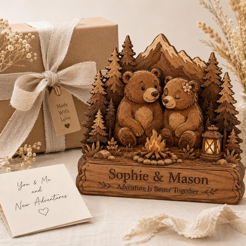Personalized Bear Couple Wooden Plaque, Custom Names Anniversary Gift, Rustic Cabin Decor, Camping Couple Gift