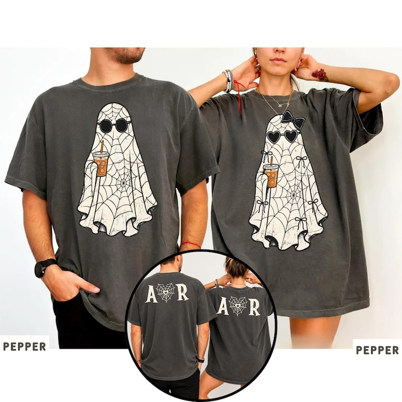 Personalized Ghost Couple Shirts for Halloween, Matching Spooky Couple Tee, Custom Initial Spiderweb Shirt for Couples