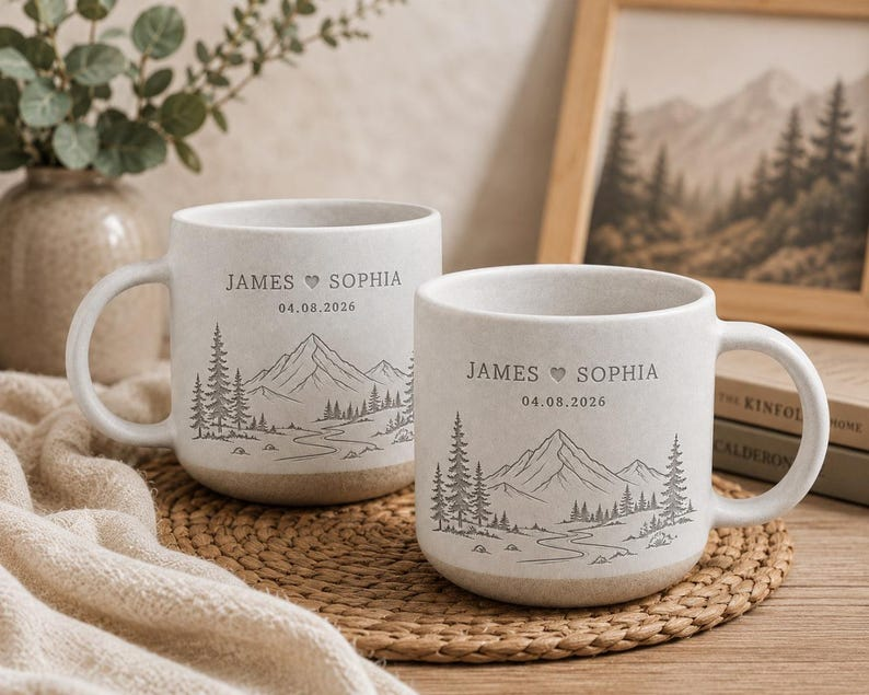 Personalized Engraved Couple Pottery Mug, Bride & Groom Mountain Mug, Custom Name Couple Wedding Cup, Engagement Gifts, Newlywed Gift