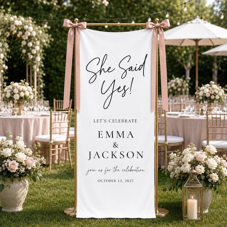 Personalized Linen Engagement Welcome Sign, She Said Yes Custom Couple Names & Date Banner, Engagement Party Celebration Decor
