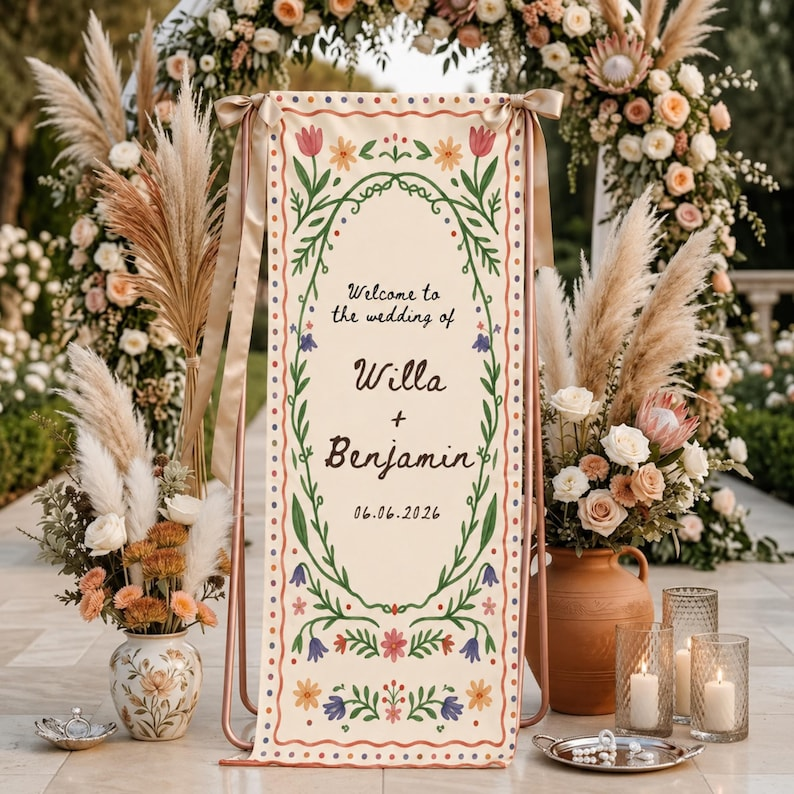 Personalized Linen Wedding Welcome Sign, Custom Couple Names & Date Floral Wedding Banner, Ceremony Reception Entrance Decor
