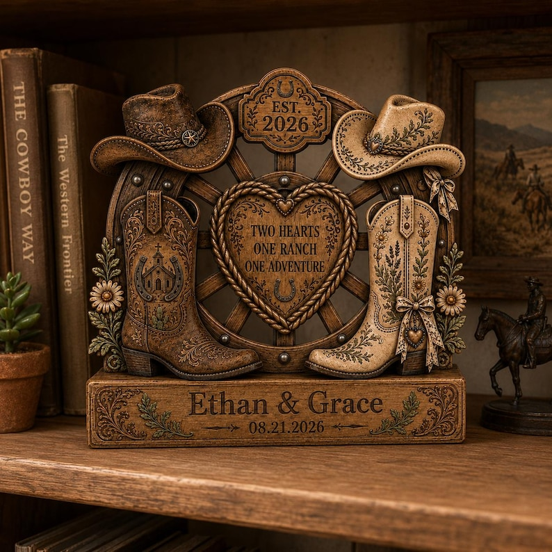 Personalized Western Wedding Gift, Cowboy Boots Couple Plaque, Rustic Ranch Wedding Decor, Anniversary Gift for Couple, Custom Names Date