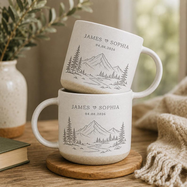 Personalized Engraved Couple Pottery Mug, Bride & Groom Mountain Mug, Custom Name Couple Wedding Cup, Engagement Gifts, Newlywed Gift