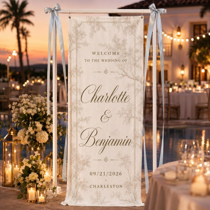 French Toile Wedding Welcome Sign, Personalized Linen Wedding Tapestry, Vintage Garden Wedding Banner, Custom Couple Names Decor