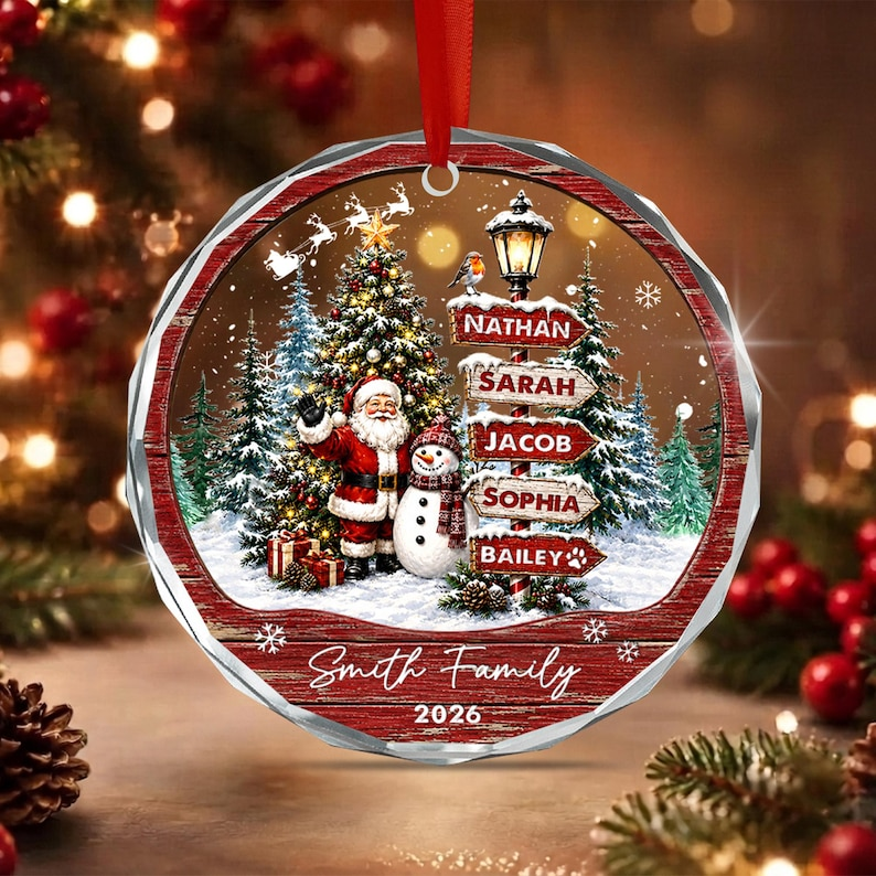Personalized Family Christmas Ornament, Custom Names Family Name & Year Santa Snowman Keepsake, Christmas Tree Gift for Family & Pets