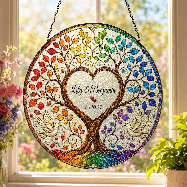 Personalized Wedding Anniversary Gift for Couple, Four Seasons Tree of Life Stained Glass Suncatcher, Custom Couple Window Hanging Keepsake