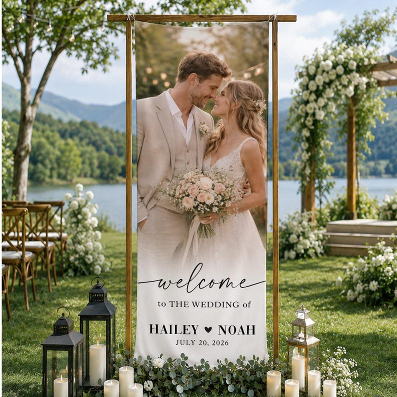 Personalized Linen Wedding Welcome Sign with Photo, Custom Couple Names & Date Wedding Banner, Ceremony Entrance Decor