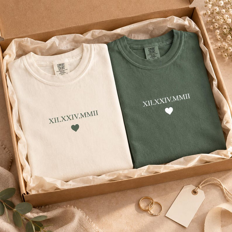 Custom Roman Numeral Date Shirt, Personalized Anniversary Tee, Minimalist Wedding Date T-Shirt, Couples Gift with Heart