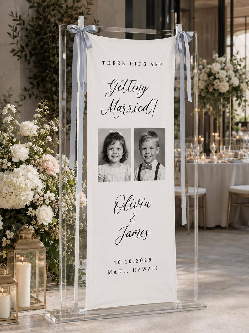 Personalized Wedding Welcome Banner for Ceremony, Custom Childhood Photo Wedding Sign, Couple Names Date & Location Decor