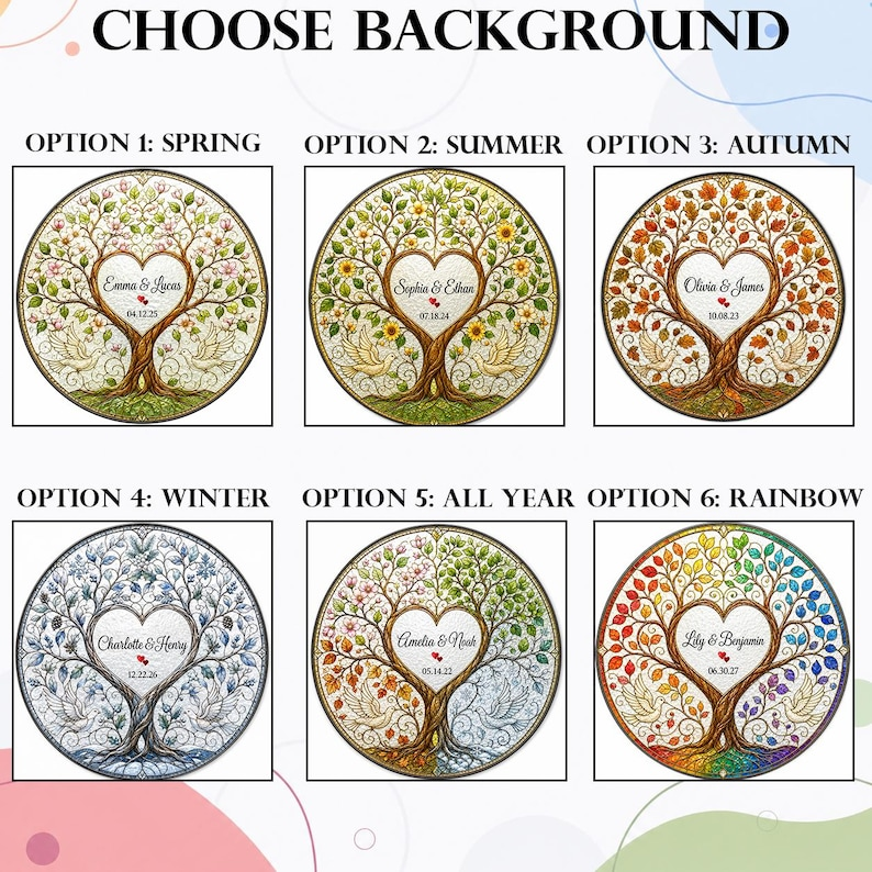 Personalized Wedding Anniversary Gift for Couple, Four Seasons Tree of Life Stained Glass Suncatcher, Custom Couple Window Hanging Keepsake