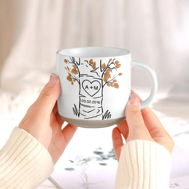 Personalized Carved Tree Pottery Mug, Custom Anniversary Coffee Cup, Couple Initials Mug, Wedding Date Keepsake