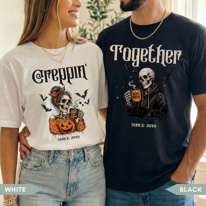 Halloween Couple Shirt, Personalized Custom Year Skeleton Couple Tee, Creepin Together Matching Spooky Gift
