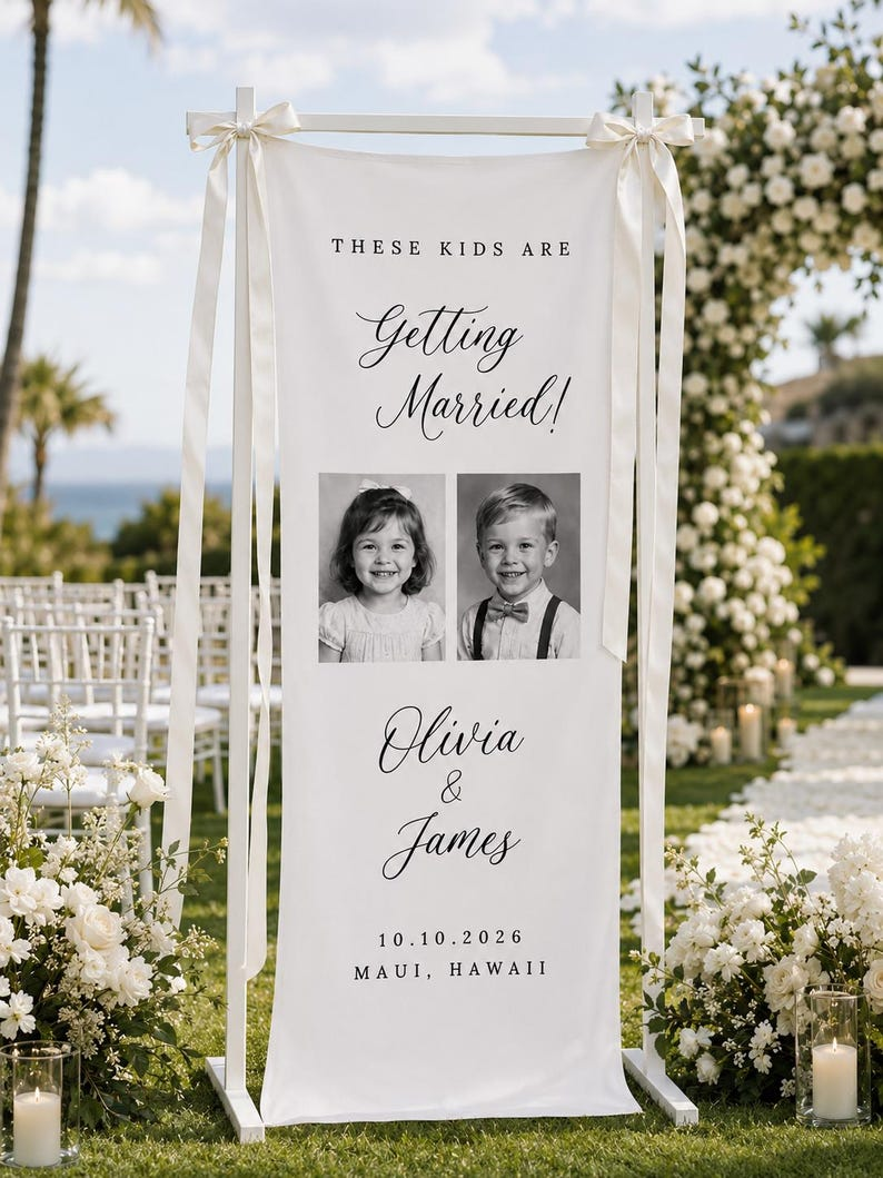 Personalized Wedding Welcome Banner for Ceremony, Custom Childhood Photo Wedding Sign, Couple Names Date & Location Decor