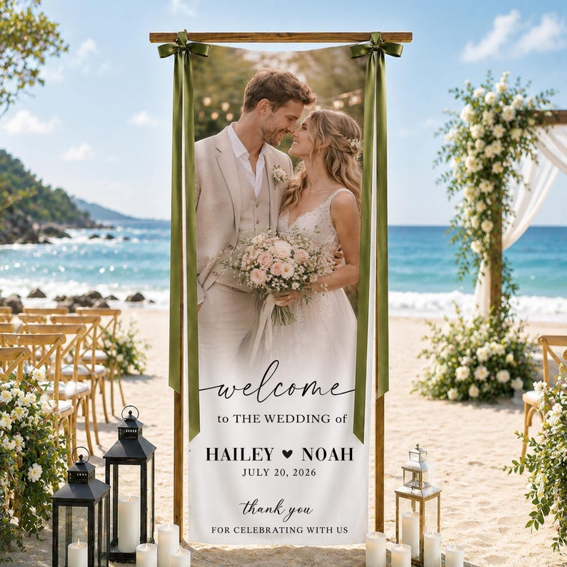 Personalized Linen Wedding Welcome Sign with Photo, Custom Couple Names & Date Wedding Banner, Ceremony Entrance Decor