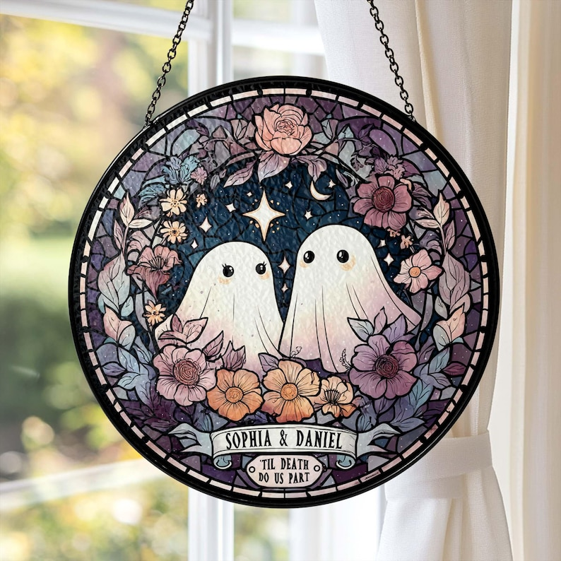 Custom Ghost Couple 'Till Death Do Us Part Wedding Gift Stained Glass Suncatcher Spooky Halloween Decor Ghost Lovers Gothic Anniversary Gift