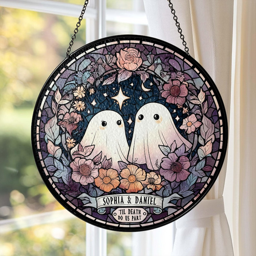Custom Ghost Couple 'Till Death Do Us Part Wedding Gift Stained Glass Suncatcher Spooky Halloween Decor Ghost Lovers Gothic Anniversary Gift