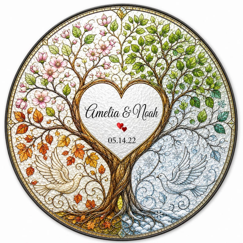 Personalized Wedding Anniversary Gift for Couple, Four Seasons Tree of Life Stained Glass Suncatcher, Custom Couple Window Hanging Keepsake