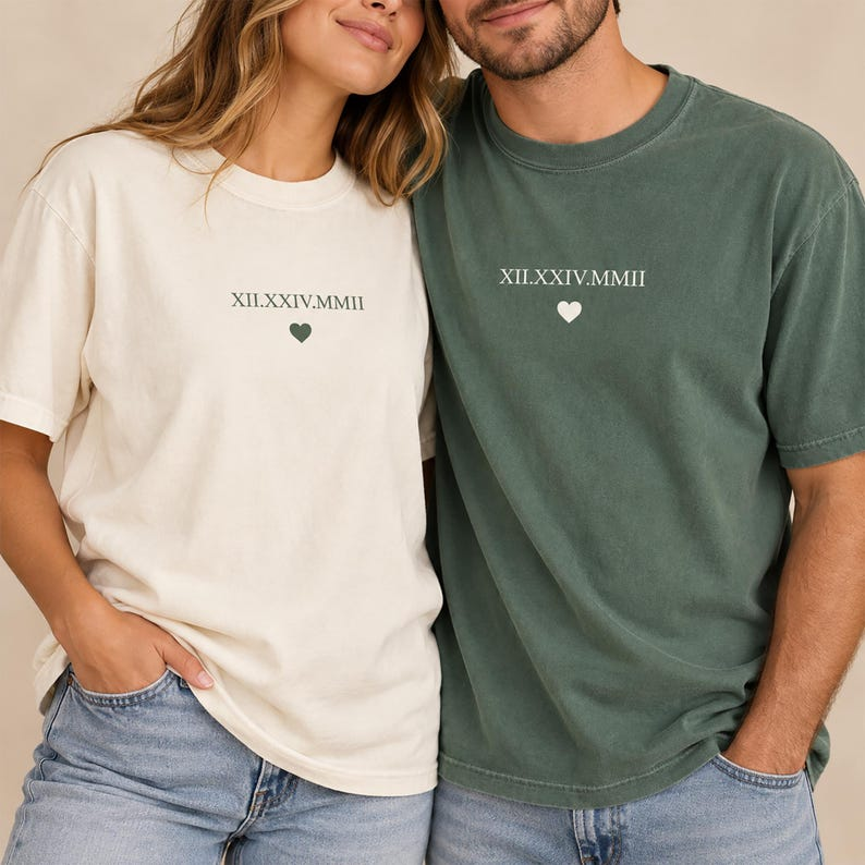 Custom Roman Numeral Date Shirt, Personalized Anniversary Tee, Minimalist Wedding Date T-Shirt, Couples Gift with Heart