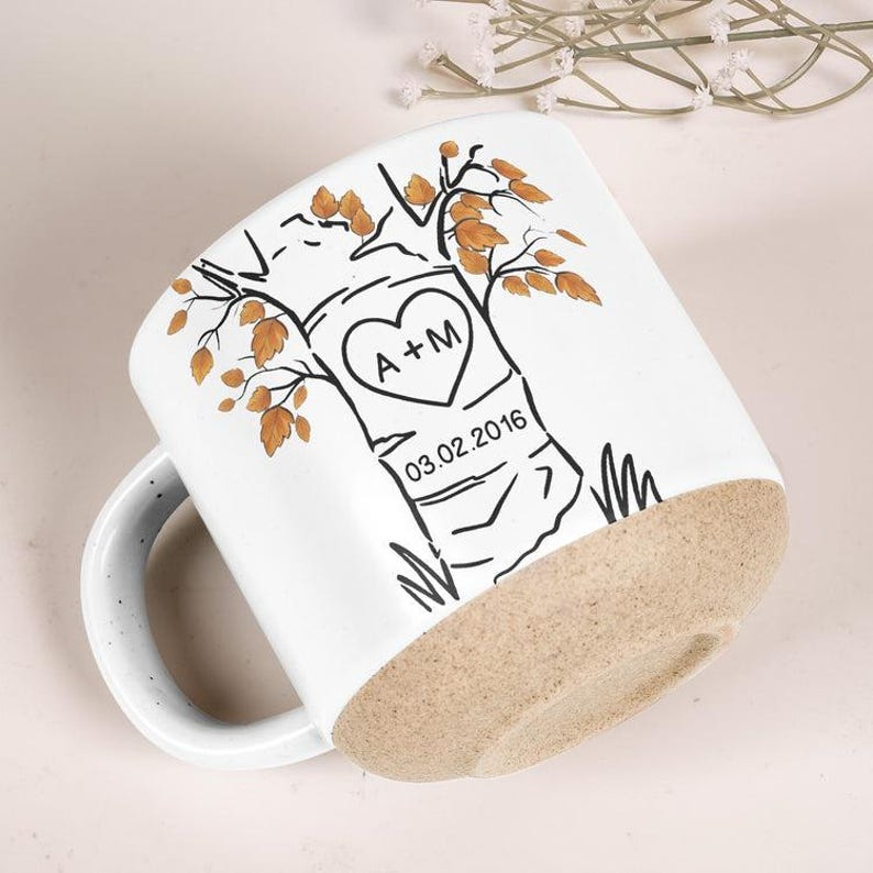 Personalized Carved Tree Pottery Mug, Custom Anniversary Coffee Cup, Couple Initials Mug, Wedding Date Keepsake