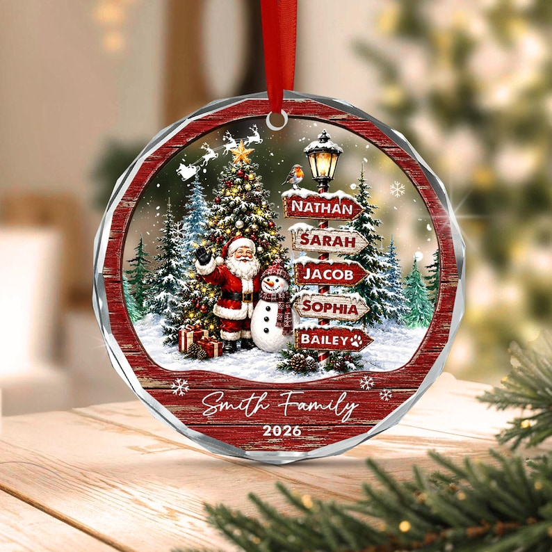 Personalized Family Christmas Ornament, Custom Names Family Name & Year Santa Snowman Keepsake, Christmas Tree Gift for Family & Pets