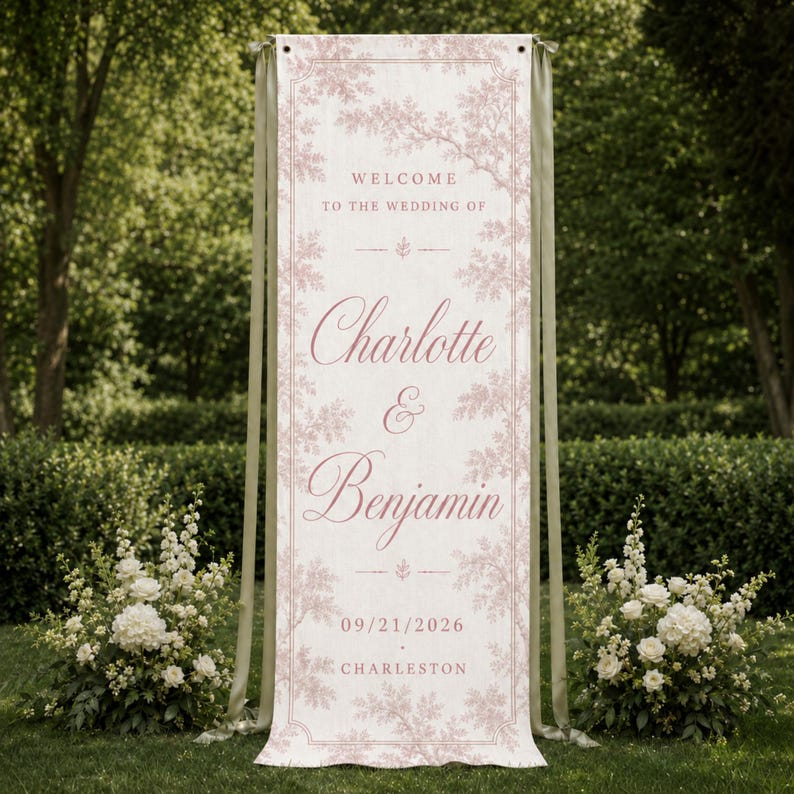 French Toile Wedding Welcome Sign, Personalized Linen Wedding Tapestry, Vintage Garden Wedding Banner, Custom Couple Names Decor