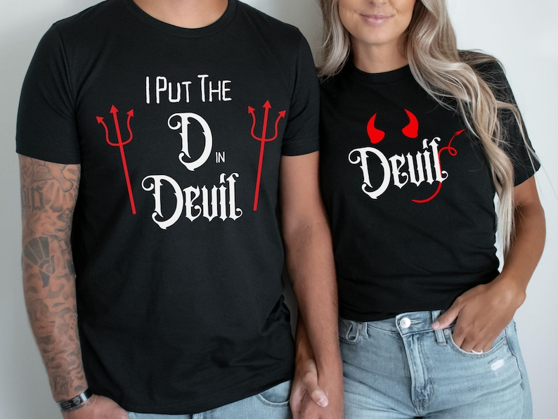 Funny Devil Couple Shirts for Halloween, Matching His and Hers Devil Tees, Spooky Couple Costume Shirtb