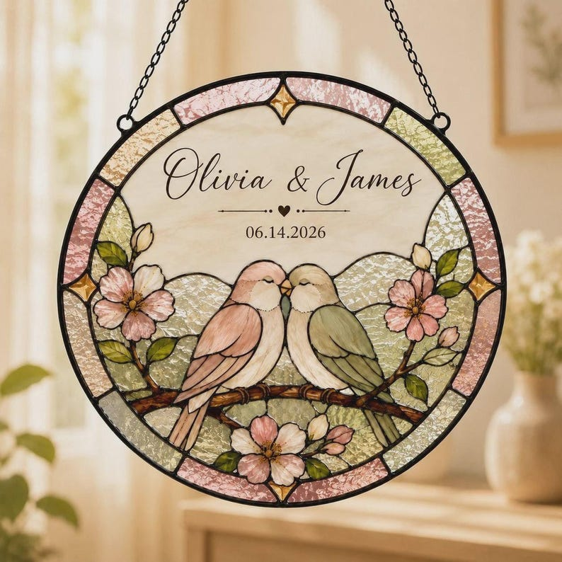 Personalized Love Birds Glass Suncatcher, Custom Wedding Anniversary Gift