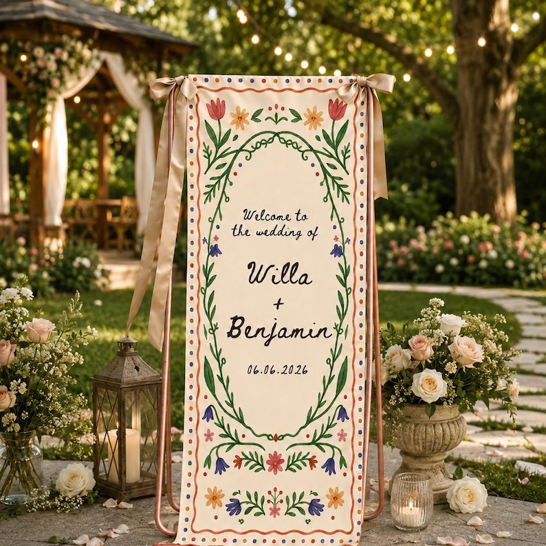 Personalized Linen Wedding Welcome Sign, Custom Couple Names & Date Floral Wedding Banner, Ceremony Reception Entrance Decor