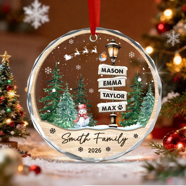 Personalized Family Christmas Ornament, Custom Name List Family Name & Year Holiday Keepsake, Christmas Tree Gift for Family & Pets