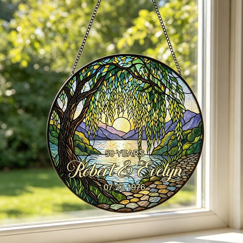 Personalized Stained Glass Suncatcher for 50th Anniversary, Custom Couple Names & Date Gift, Willow Tree Wedding Anniversary Keepsake