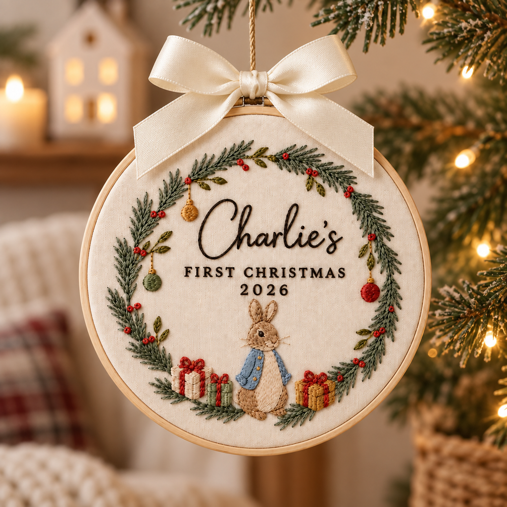 Personalized Bunny Wreath Christmas Ornament, Embroidered Baby First Christmas Name Hoop, Baby 1st Christmas Ornament, Baby Shower Gift